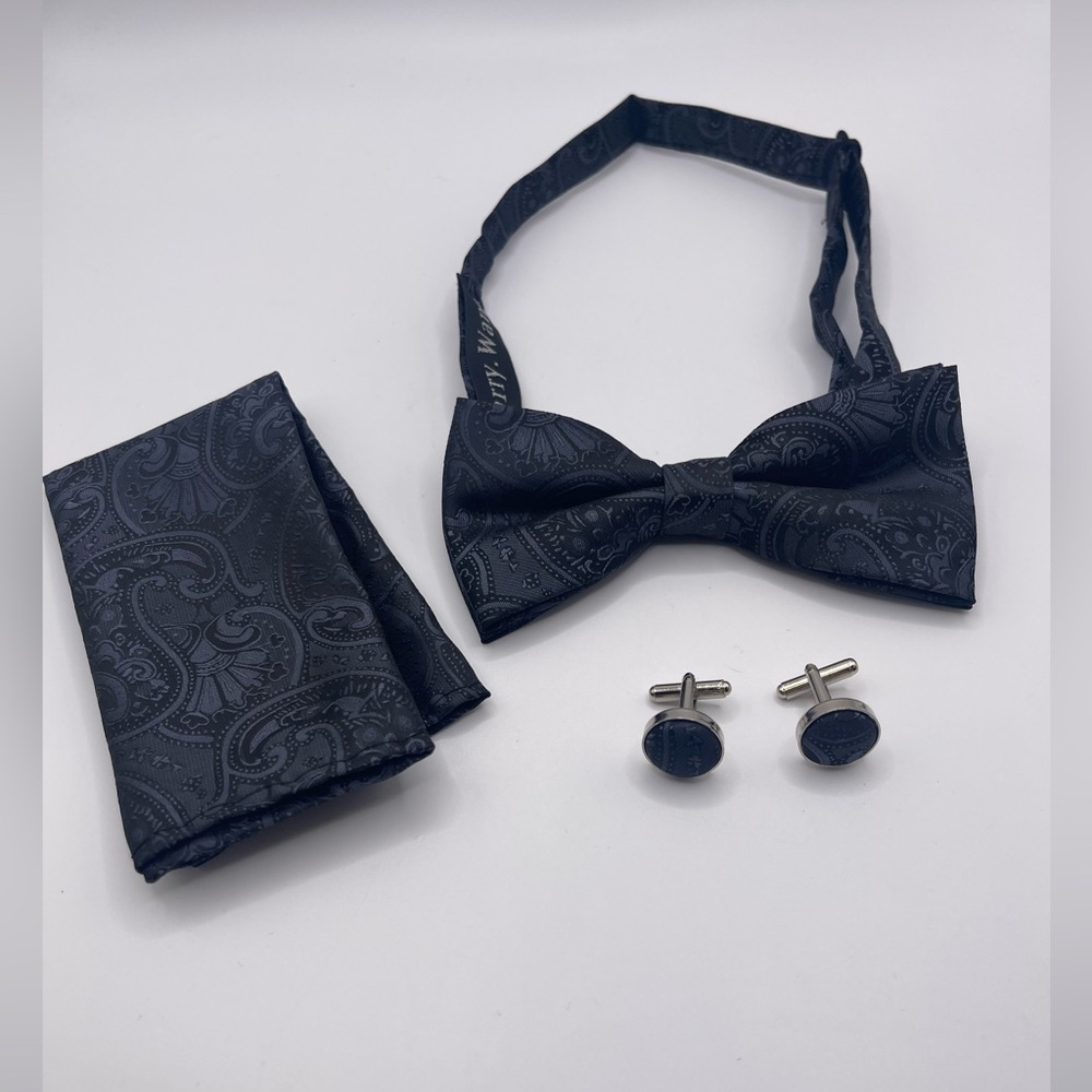Mens Paisley Floral Bowtie Matching Pocket Square Hanky Cufflinks Set Dark Blue